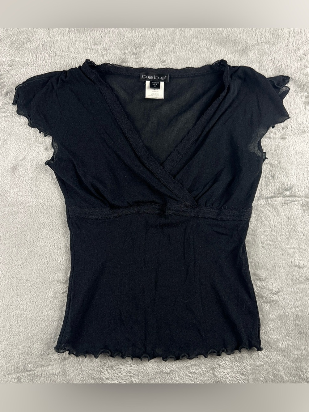 Vtg Bebe Y2K Babydoll Top Whimsigoth Fairy Grunge Black Mesh Sheer Lace Trim USA